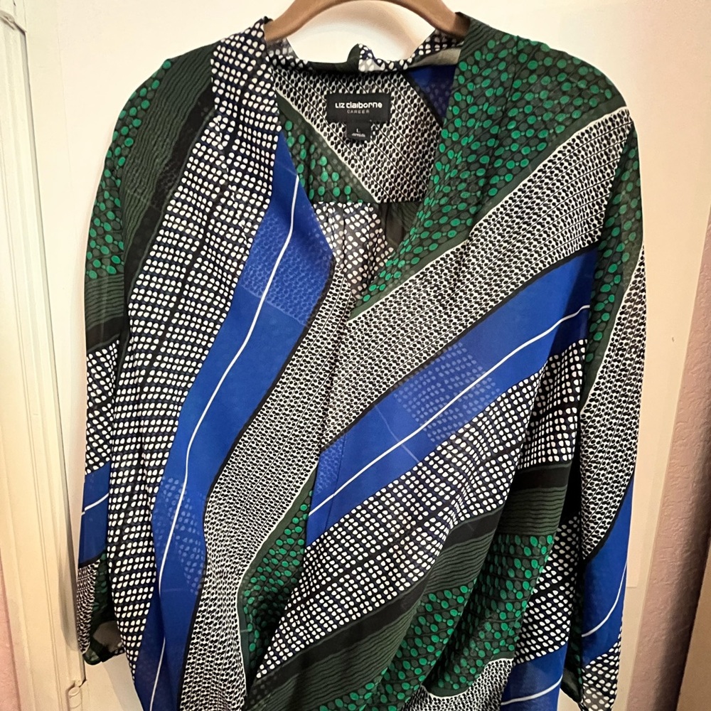 Liz Claiborne career blouse. High low hem, 3/4 sleeve. Beautiful jewel tones. L
